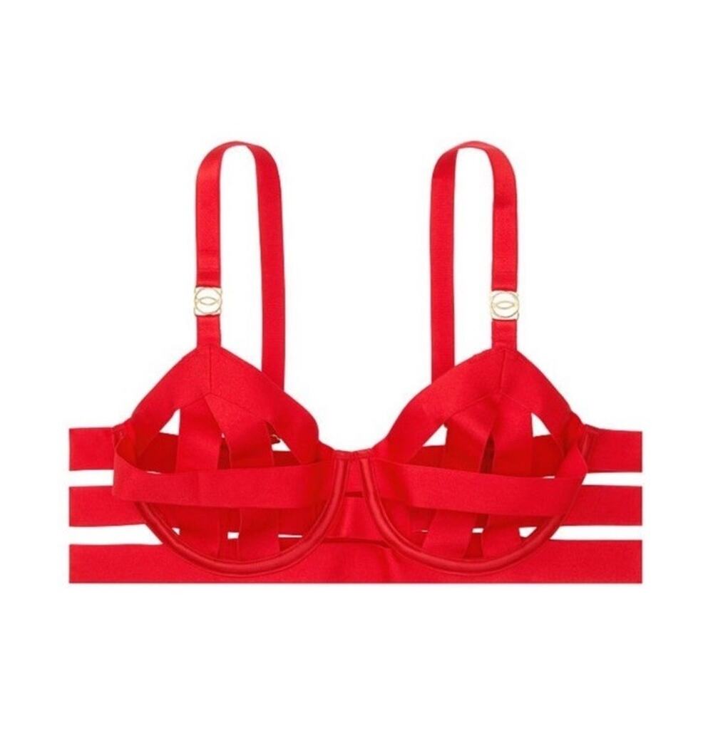 Victoria's Secret Strappy Banded Lipstick Red Unlined Balconette 34D 34 D New